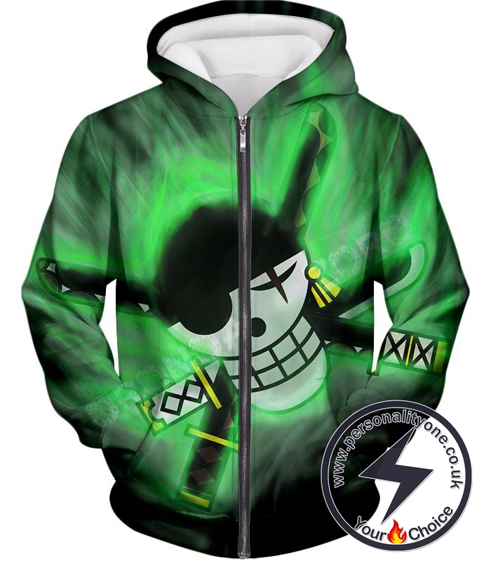 One Piece Awesome Roronoa Zoro Logo Cool Green Zip Up Hoodie